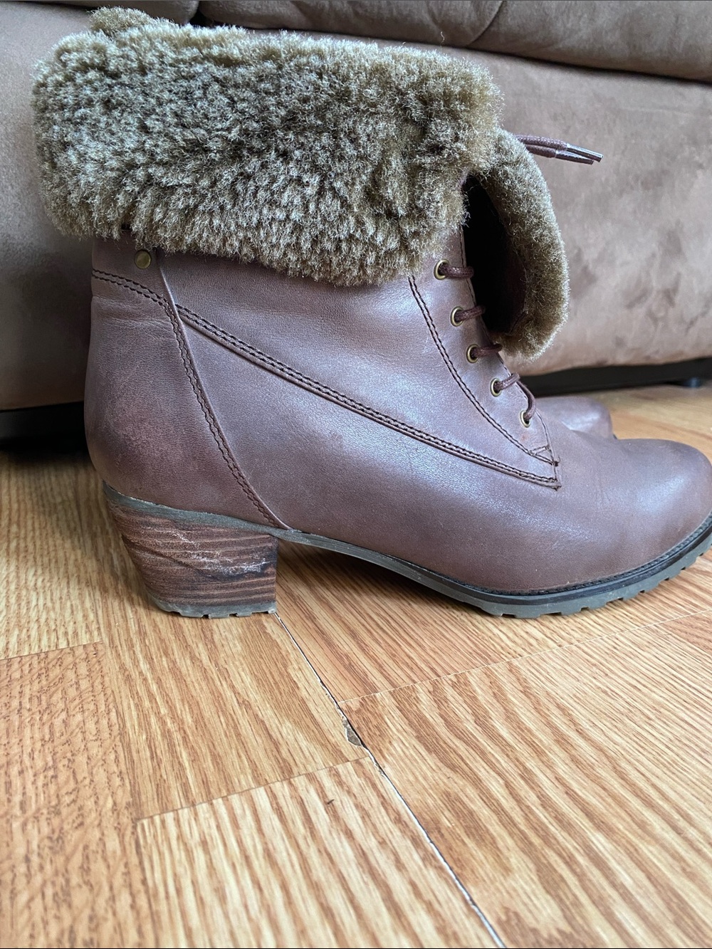 Blondo Brown Lace-Up Faux Fur Cuff Ankle Boots